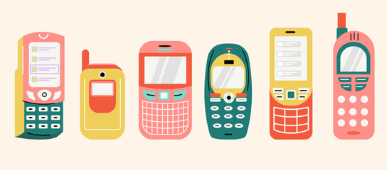 Set of Retro Mobile Phones, Vintage Cell Phones Collection, 90s and 2000s Technology