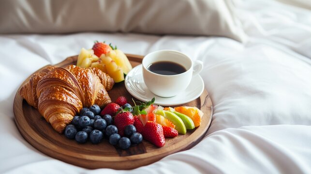 Room service breakfast on a bed with coffee, croissants, and fruits