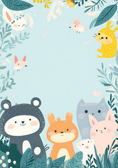 Naklejka premium Cute cartoon animals surrounded by leaves and flowers in whimsical design