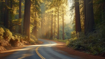 Obraz premium Serene view of a winding scenic road surrounded by towering redwood trees in the Redwood National Forest, with sunlight filtering through the canopy