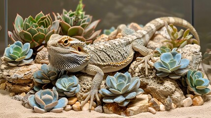 Bearded dragon resting among succulents on a rocky surface, white isolate background