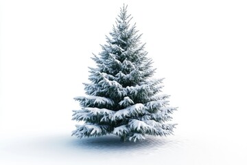 Snow covered Christmas tree isolated on white background.