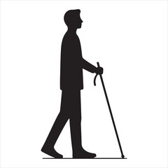 Silhouette of a blind man walking with a cane on a white background 
