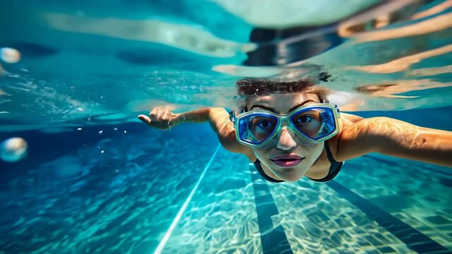 Female swimmer underwater in the pool. A woman swims in a resort hotel pool.