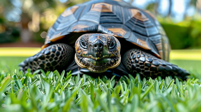 Close-up of a tortoise on vibrant green grass, showcasing unique shell patterns.
