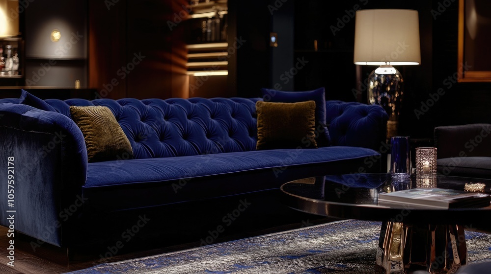 Poster uhd image of a dark blue sofa in a contemporary space, simple decor and soft lighting creating an el