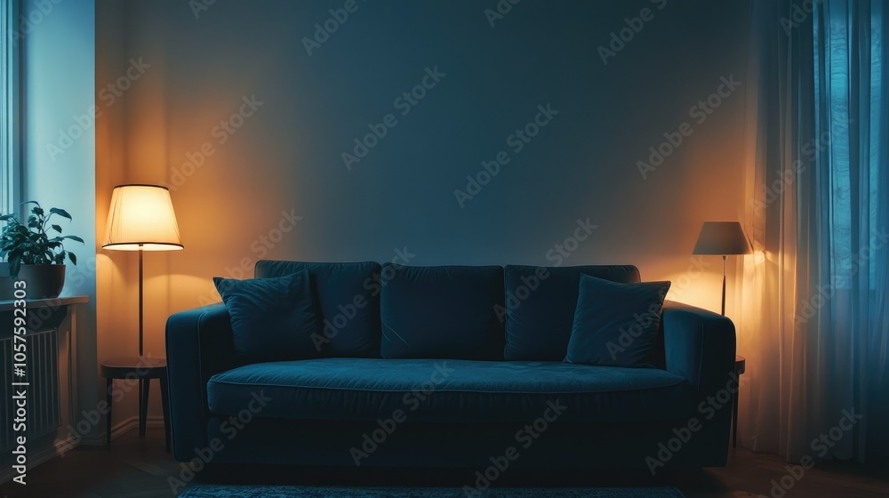 Poster uhd image of a dark blue sofa in a contemporary space, simple decor and soft lighting creating an el