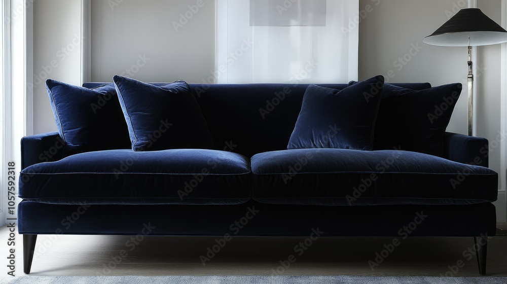 Poster uhd image of a dark blue sofa in a contemporary space, simple decor and soft lighting creating an el