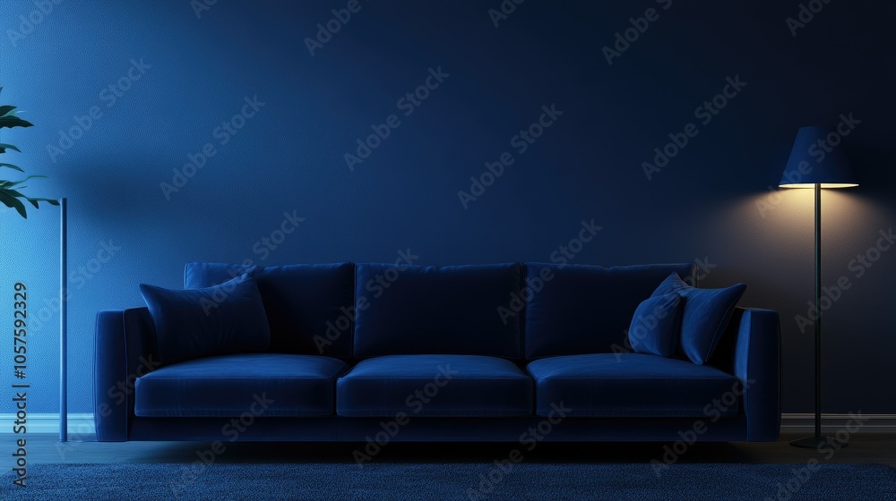 Poster uhd image of a dark blue sofa in a contemporary space, simple decor and soft lighting creating an el