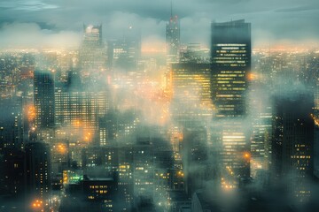 Naklejka premium Cityscape at Dusk with Fog and Illuminated Windows