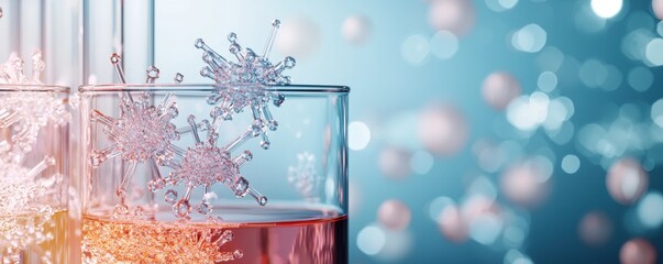 Cutting-edge drug discovery research concept. A close-up of glasses filled with a colorful liquid adorned with delicate snowflakes set against a soft shimmering background