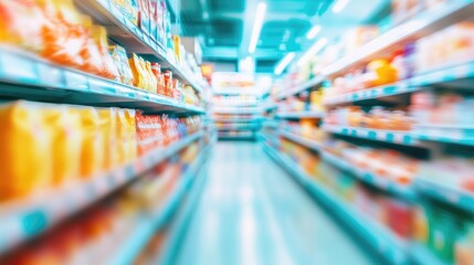 Vibrant contemporary blurred grocery shelves in a supermarket setting