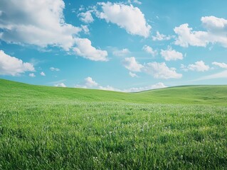 Obraz premium Serene landscape of rolling green hills under a bright blue sky with fluffy clouds, evoking peace and tranquility in nature.