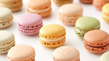 Obraz premium Colorful macarons on a white background These small French treats feature pastel shades offering sweet flavors of berries and vanilla with some bitten pieces showcased