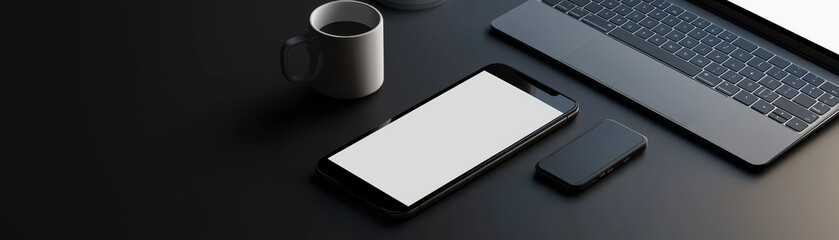 Modern workspace with a laptop, smartphone, and coffee cup. Elegant black and white aesthetic creating a sleek, professional environment.