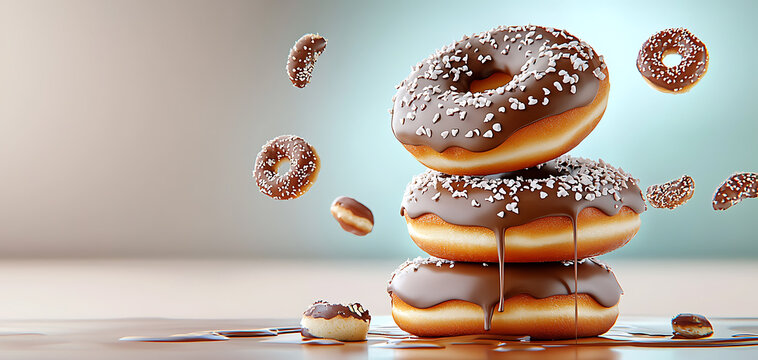 Indulge in the irresistible delight of a glossy chocolate donut stack a visual treat of realistic textures and sweet temptations