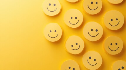 Fototapeta premium Numerous yellow smiley faces crafted from paper symbolize positivity motivation and mental well being promoting optimism and positive thinking Space available for text or banner use