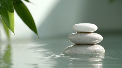 Smooth stones stacked serenely on water's surface, surrounded by lush green leaves, creating a tranquil and peaceful ambiance.