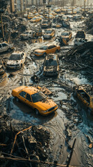 A close-up view of a heavily damaged street, with crushed and submerged cars, debris, and evidence of the powerful floodwaters