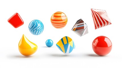 different levitating 3d shapes on white background