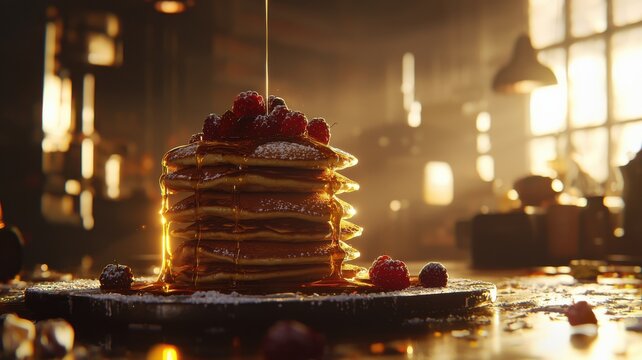 Delicious pancakes stacked high with raspberries and syrup, warm lighting ambiance.