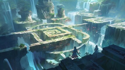 Two Figures Standing at the Edge of a Stone Maze in a Mystical Landscape