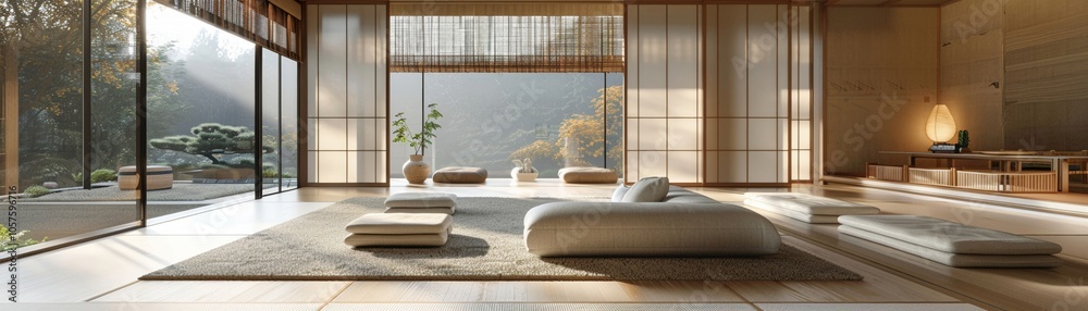 Aufkleber Bright and serene minimalistic interior with natural light, featuring soft textures and an inviting atmosphere for relaxation.