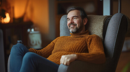 Obraz premium man sitting on sofa in cozy, warm home by the window, enjoying relaxed leisure indoors embracing autumn comfort and calm comfortable lifestyle in modern living room