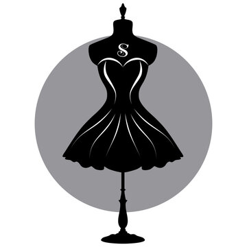 Elegantes Schneider-Logo mit stilisiertem Kleid auf Schneiderpuppe &ndash; Symbol f&uuml;r Mode, Handwerkskunst und exklusive Ma&szlig;anfertigung.