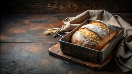 Rustic kitchen table bread baking tray for homemade loaf on dark background