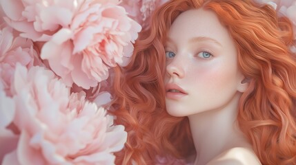 Woman with red hair and blue eyes is in a flower bed