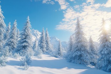 Fototapeta premium Winter snow covered fir trees on mountainside on blue sky with sun shine background Winter