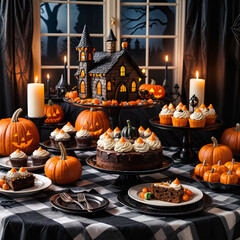 Halloween party with lots of treats, cake, sweets.