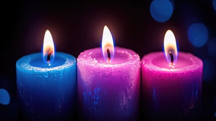 Three lit candles in blue pink and purple colors