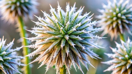 Obraz premium Frosty milk thistle petals glistening in extreme macro close-up shot