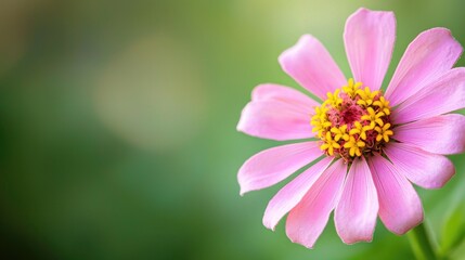 Fototapeta premium Horizontal Photo Of Pink Bloom With Yellow Pistils Flower Zinnia On Green Background Single Bloom Captured In The Garden Detail Of The Center