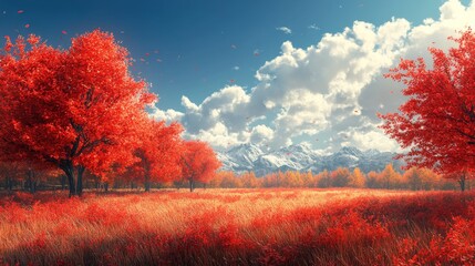 Fototapeta premium Autumn Landscape with Vibrant Red Trees
