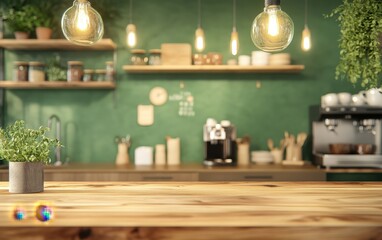 A kitchen with a wooden counter and a potted plant. There are two coffee makers and a clock on the wall