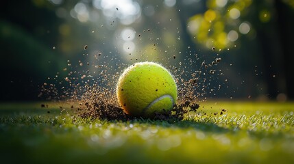 Tennis ball hitting wet grass, water splashing on rainy court, dramatic sports moment, outdoor game, intensity, close-up, motion, energy, green grass
