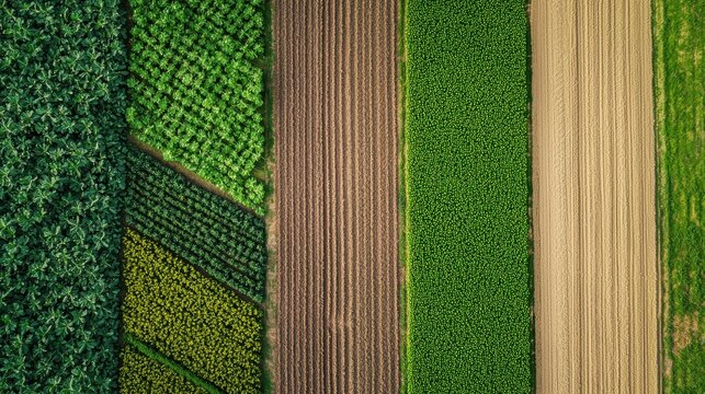 Aerial view of vibrant green fields with distinct patterns, showcasing agricultural beauty and diverse crop textures in a rural landscape.