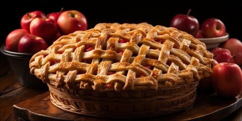A golden brown lattice-top apple pie sits in a woven basket, surrounded by ripe red apples, ready to be enjoyed.