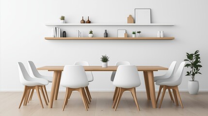 Modern minimalist dining room with wooden table, white chairs, and decorative shelves with plants and vases against a white wall.