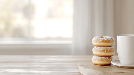 A cozy morning indulging in a stack of delightful donuts accompanied by a steaming cup of coffee on a wooden table