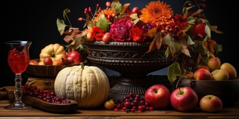 A Still Life Arrangement Featuring Autumnal Fruits, Flowers, and a Glass of Red Wine in a Rustic Setting
