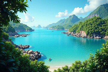 Obraz premium Unspoiled Tropical Cove with Turquoise Waters and Rocky Shoreline - Ideal for Nature Lovers and Eco-Tourism Enthusiasts