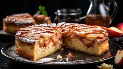 A slice of apple cake with caramel sauce and powdered sugar, served on a dark plate with apple slices in the background