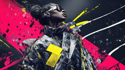 Abstract fashion portrait with vibrant pink, black, and yellow accents