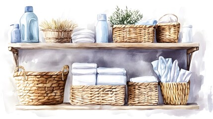 Watercolor Artistic using soft, brushy watercolor strokes, Soft Color, Single object picture - a set of laundry room storage shelves with baskets