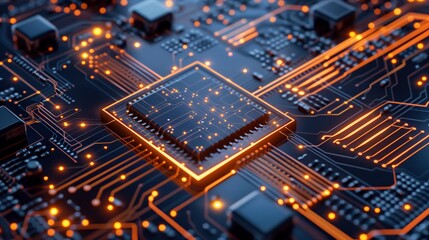 Obraz premium Orange glowing circuits power a futuristic cpu, symbolizing advanced computing and technological innovation in a close up perspective