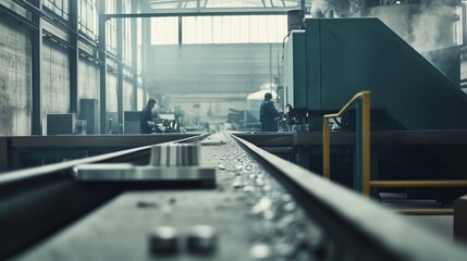 Obraz premium Metal components are being transported on a conveyor system inside a bustling factory, showcasing the manufacturing process with industrial workers operating machinery in the background